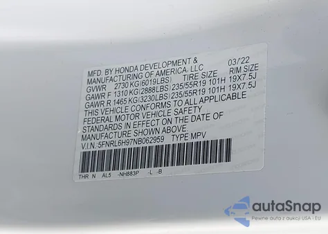 2022 Honda Odyssey Elite z USA, uszkodzony, nr VIN 5FNRL6H97NB062959